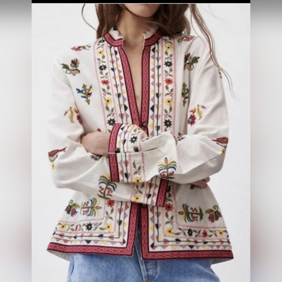Zara Jackets & Blazers - ZARA White Embroidered Linen Blend Jacket NWT